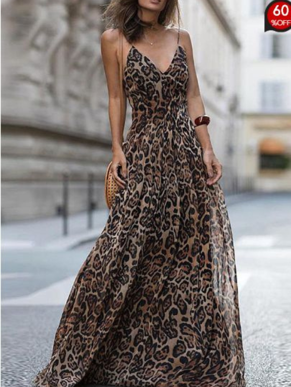 Vestido Longo Com Estampa de Onça