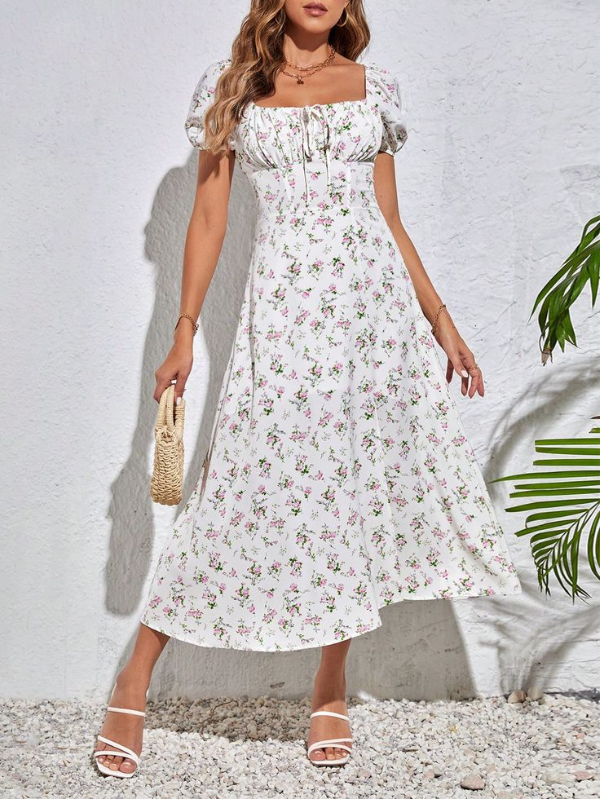 Vestido de mangas bufantes com estampa floral