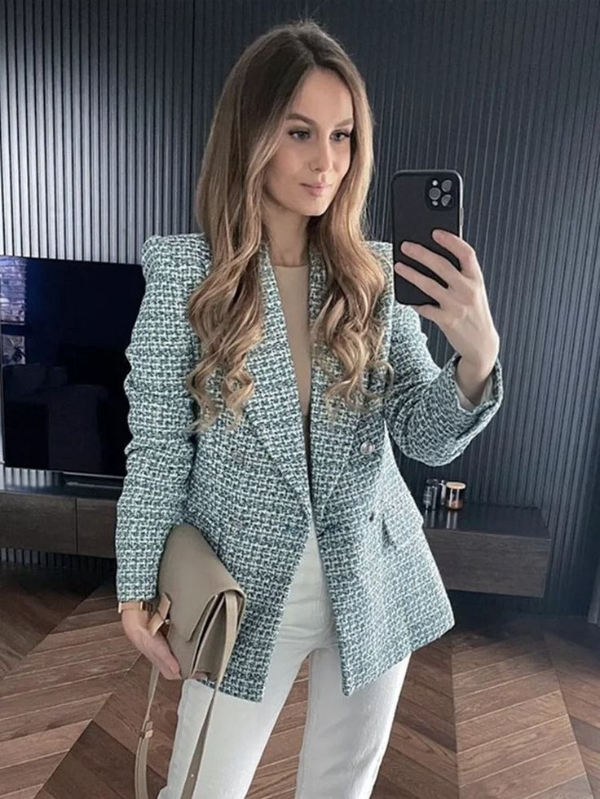 2 peças Conjunto Elegante de Escritório Feminino_ Blazer com Lapela Entalhada de Cor Sólida para Primavera_Outono e Saia Lápis