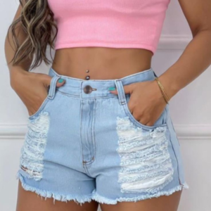 Shorts Curto Mini Feminino Jeans Delave Rasgado Premium Cintura Alta Empina Bumbum Tendência Verão Blogueira
