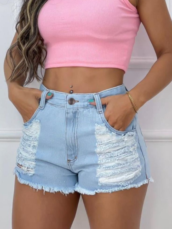 Shorts Curto Mini Feminino Jeans Delave Rasgado Premium Cintura Alta Empina Bumbum Tendência Verão Blogueira