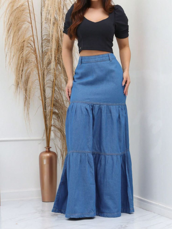 Saia jeans trapeada com elástico regulador