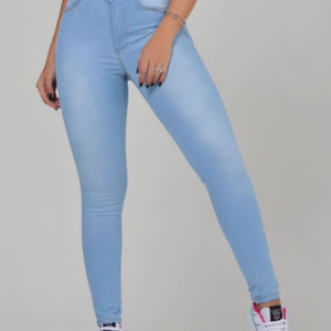 Calça Jeans Skinny Feminina Azul Clara Com Detalhes Manchados Cintura Alta Com Lycra_