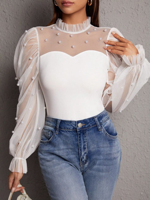 Blusa de manga longa com pérolas